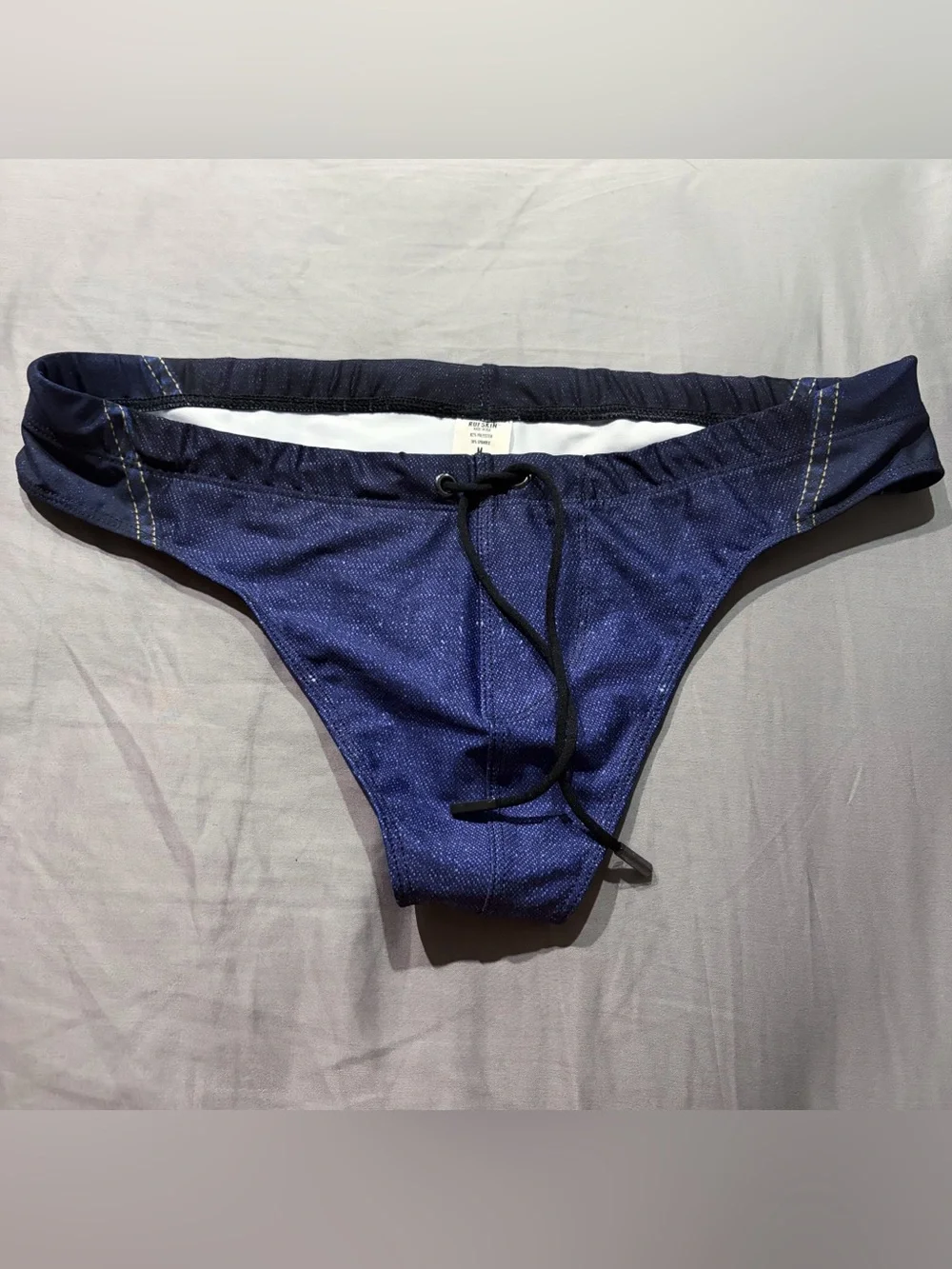 Size Medium Rufskin men swim brief bikini pool swimwear blue navy denim print